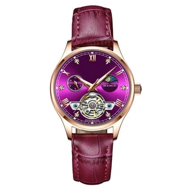 Logo Kustom Untuk Wanita Jam Tangan Mekanik Otomatis Berlian Emas Mawar Dengan Kulit Jam Tangan Mewah Jarum Bercahaya
